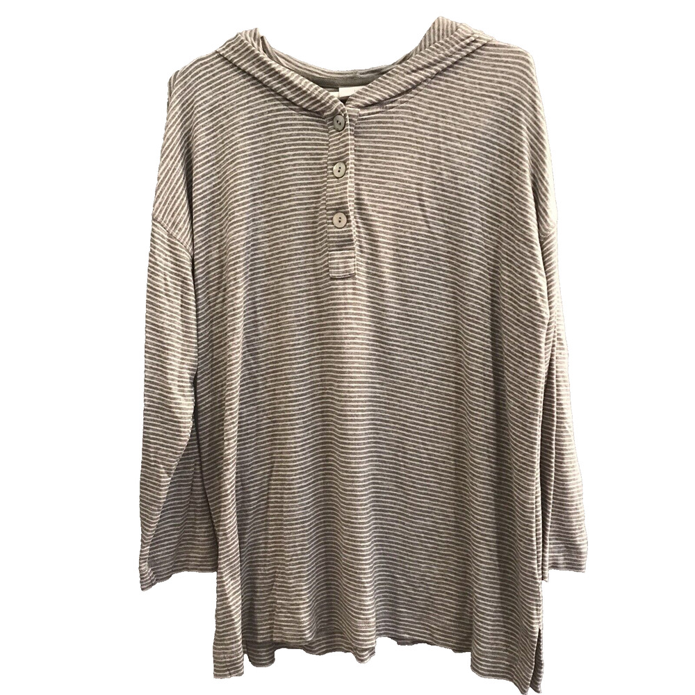 J Jill Tunic Top Womens Size L Large Gray White Shirt Long Sleeve Hooded